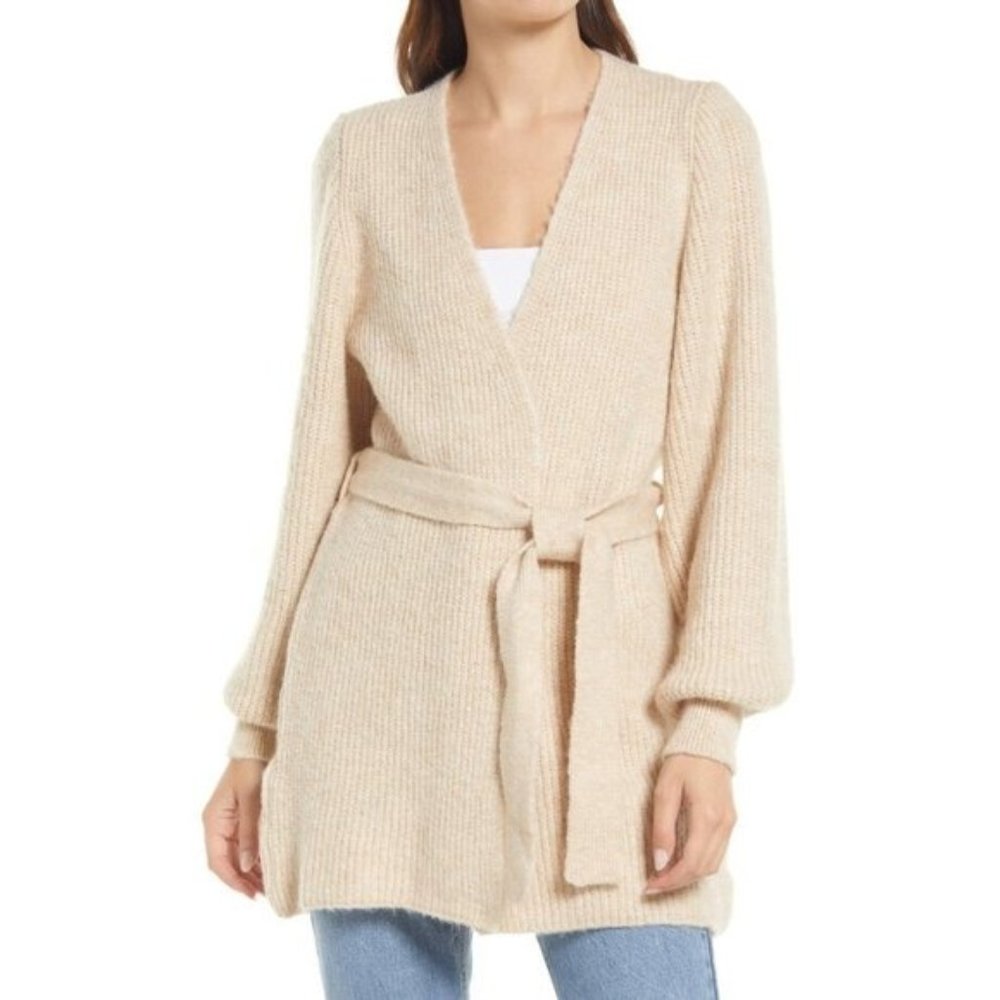 Topshop Long Cardigan Sweater Wool Stone Beige Chunky Cable Knit